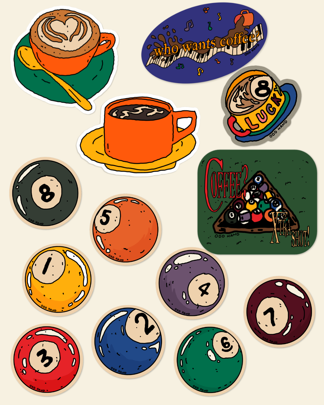 Coffee & Pool Balls Pack (13 Stickers)